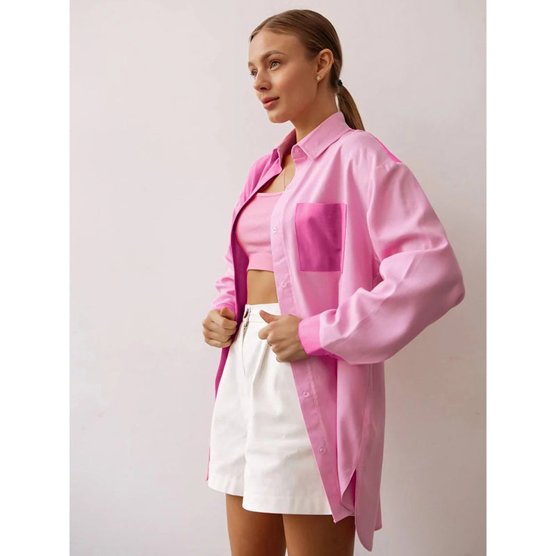 Pink Colourblocked Oversized Cotton Casual Shirt