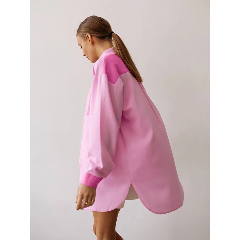 Pink Colourblocked Oversized Cotton Casual Shirt