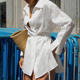 White Spread Collar Long Sleeves Cotton Casual Shirt