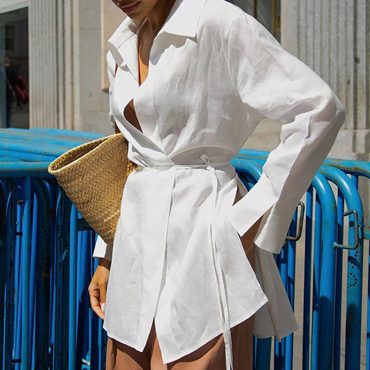 White Spread Collar Long Sleeves Cotton Casual Shirt