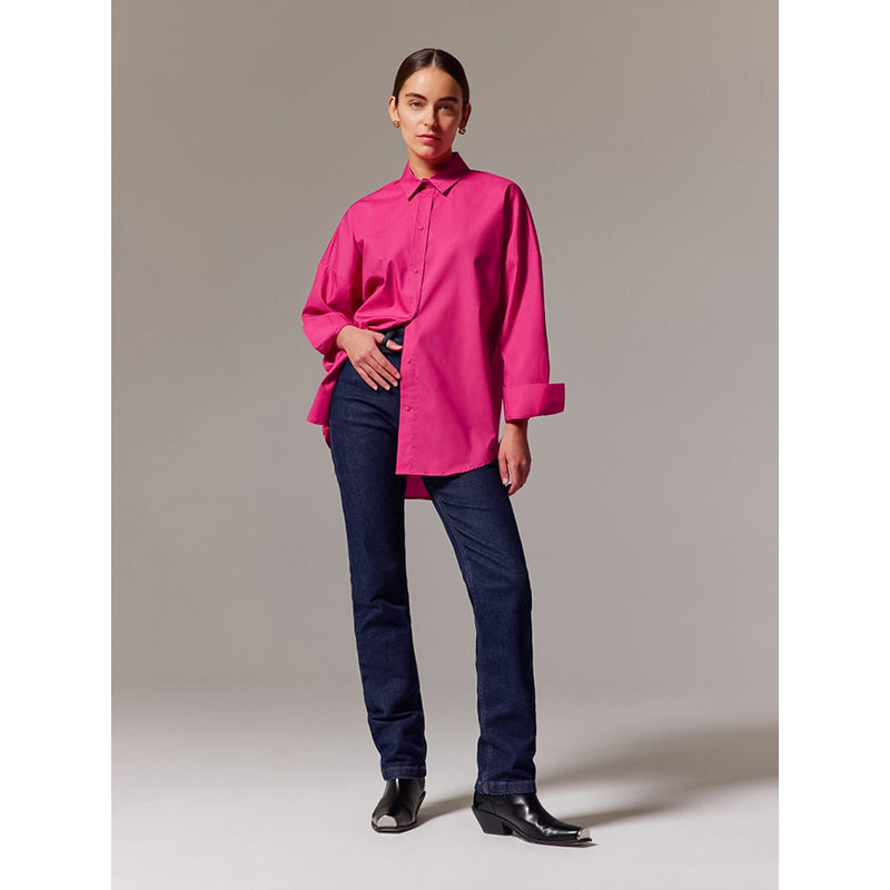 Fuchsia Pink Drop-Shoulder Sleeves Longline Casual Shirt