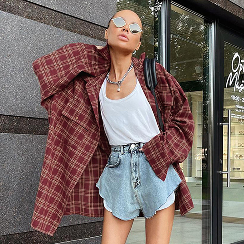Red Oversized Checked Flannel Spread Collar Cotton Longline Casual Shirt