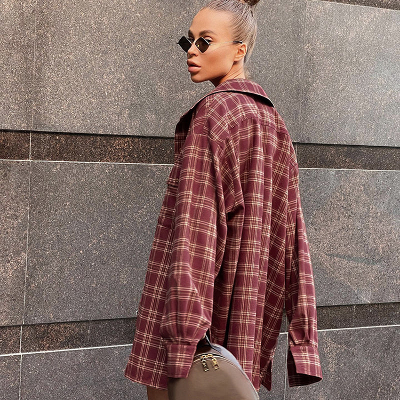 Red Oversized Checked Flannel Spread Collar Cotton Longline Casual Shirt