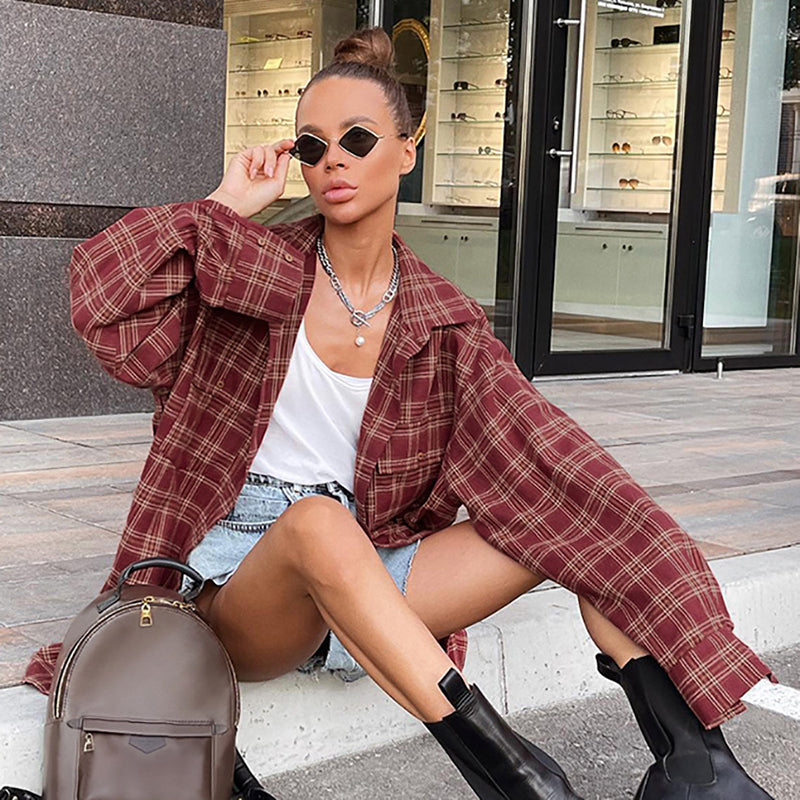 Red Oversized Checked Flannel Spread Collar Cotton Longline Casual Shirt