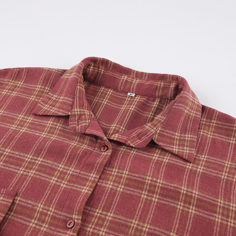 Red Oversized Checked Flannel Spread Collar Cotton Longline Casual Shirt