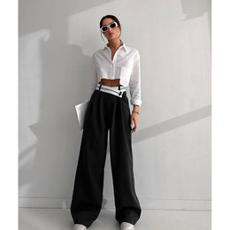 Women Black Loose Fit Mid Rise Trousers With Belt