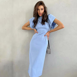 Blue Round Neck A-Line Midi Dress