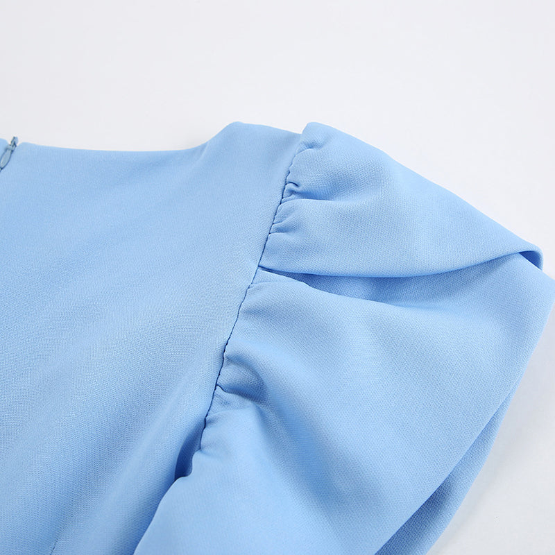 Blue Round Neck A-Line Midi Dress