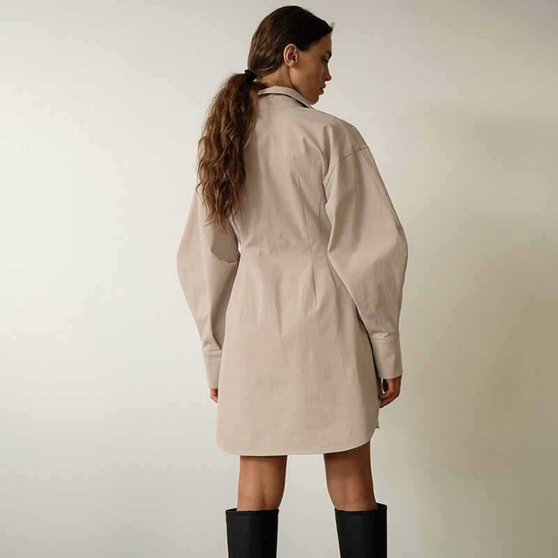 Khaki Cuffed Sleeves Shirt Dress