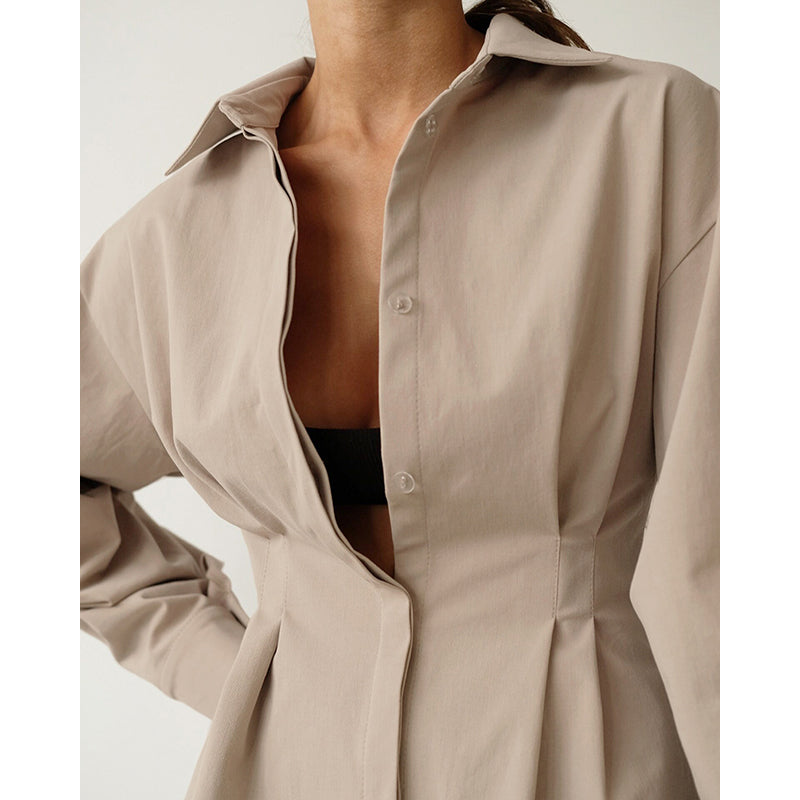 Khaki Cuffed Sleeves Shirt Dress