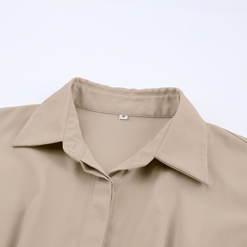 Khaki Cuffed Sleeves Shirt Dress