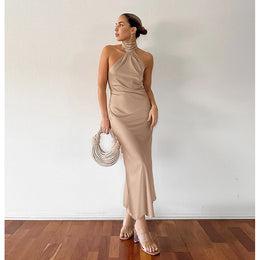 Khaki High Neck Sheath Maxi Dress