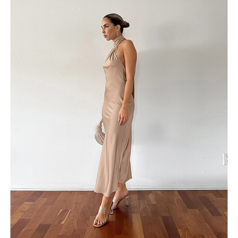 Khaki High Neck Sheath Maxi Dress