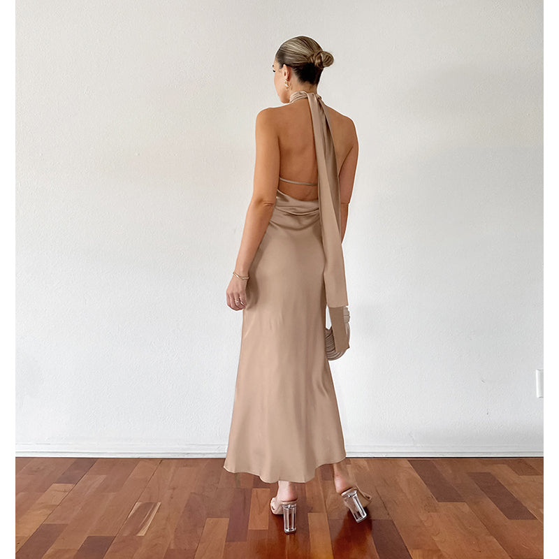 Khaki High Neck Sheath Maxi Dress