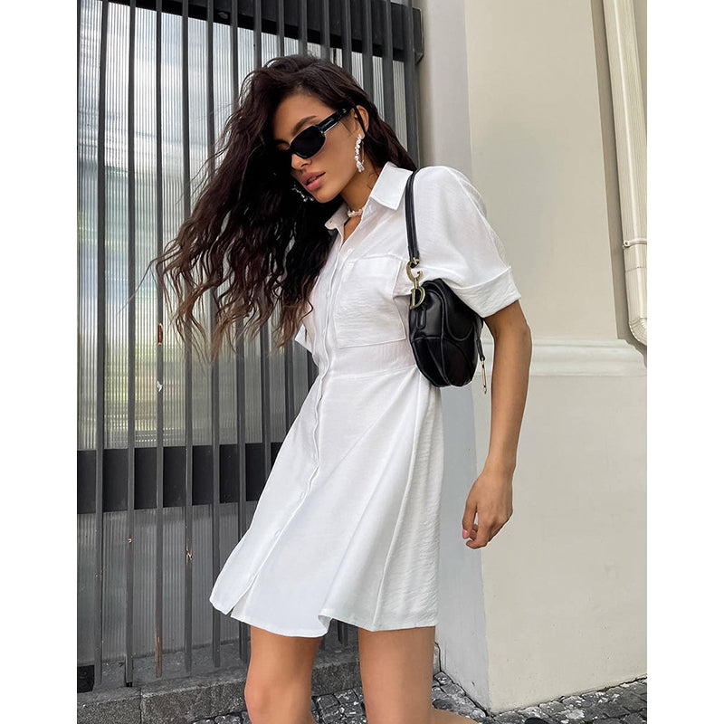 White Shirt Collar Extended Sleeves Shirt Dress