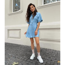 Blue Shirt Collar Shirt Mini Dress