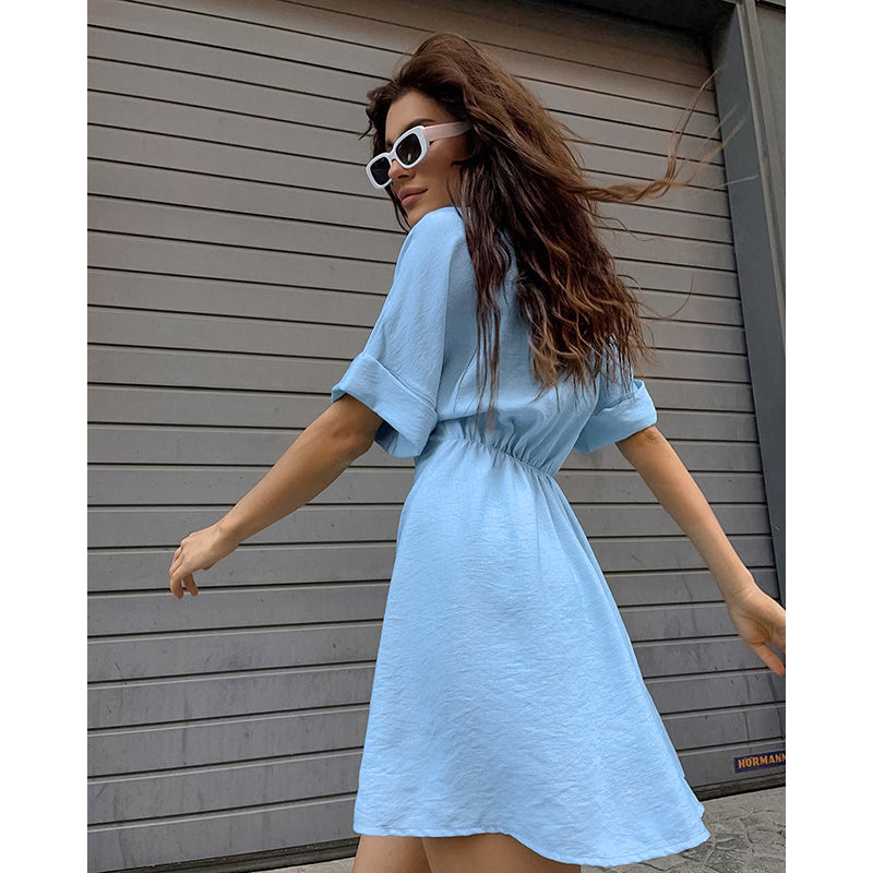 Blue Shirt Collar Shirt Mini Dress