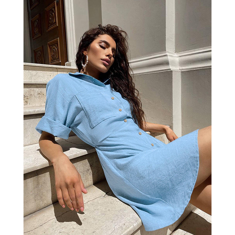 Blue Shirt Collar Shirt Mini Dress