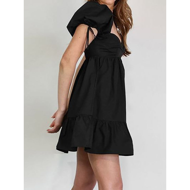 Black Sweetheart Neck Puff Sleeves Tiered & Gathered Cotton Empire Mini Dress