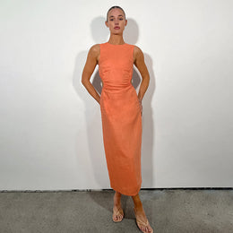 Orange-Coloured Sleeveless Linen Maxi Dress
