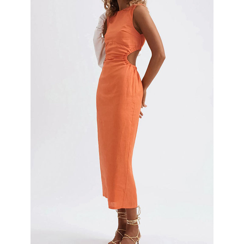 Orange-Coloured Sleeveless Linen Maxi Dress