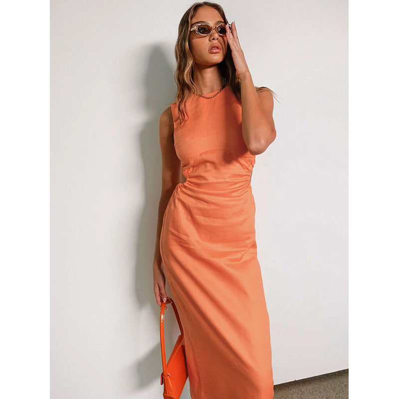 Orange-Coloured Sleeveless Linen Maxi Dress