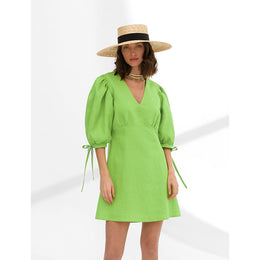 Green V-Neck Puff Sleeves Cotton A-Line Dress
