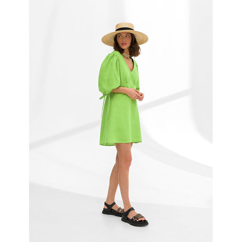 Green V-Neck Puff Sleeves Cotton A-Line Dress