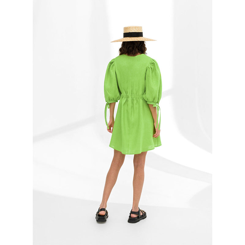 Green V-Neck Puff Sleeves Cotton A-Line Dress