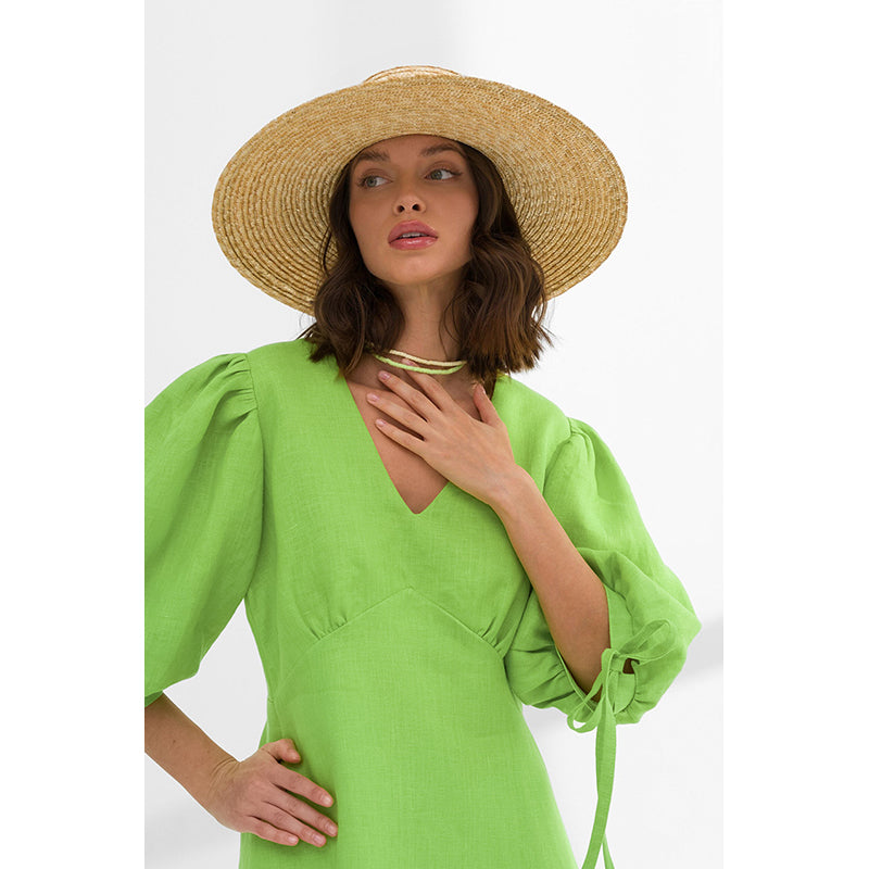 Green V-Neck Puff Sleeves Cotton A-Line Dress