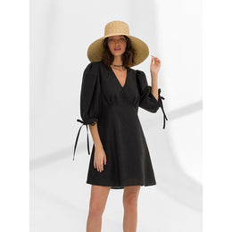 Black V-Neck Cotton A-line Mini Dress