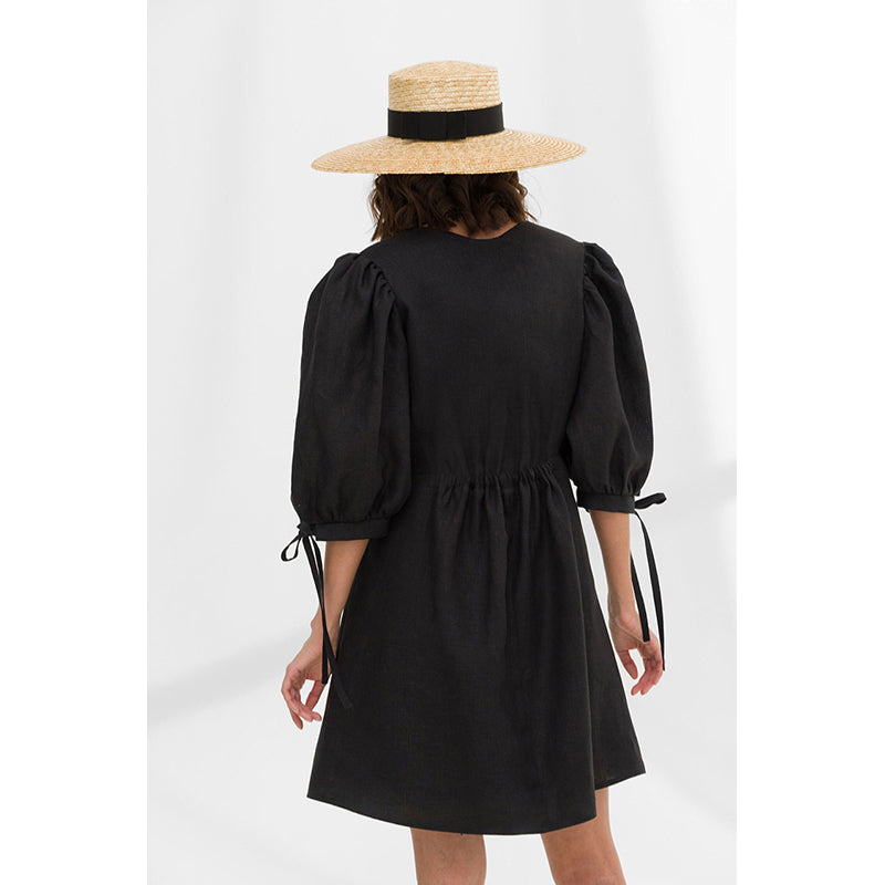 Black V-Neck Cotton A-line Mini Dress