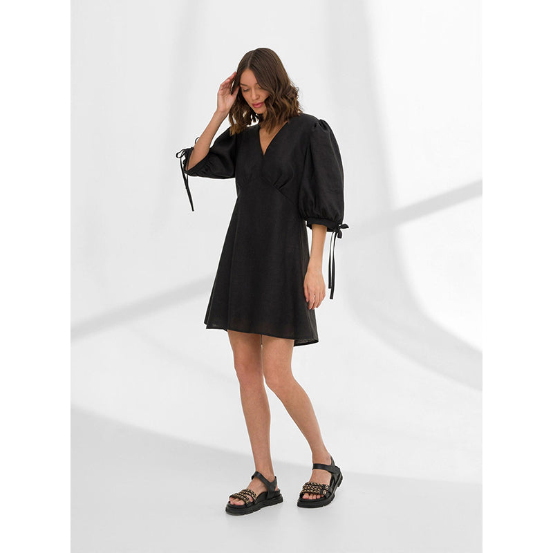 Black V-Neck Cotton A-line Mini Dress
