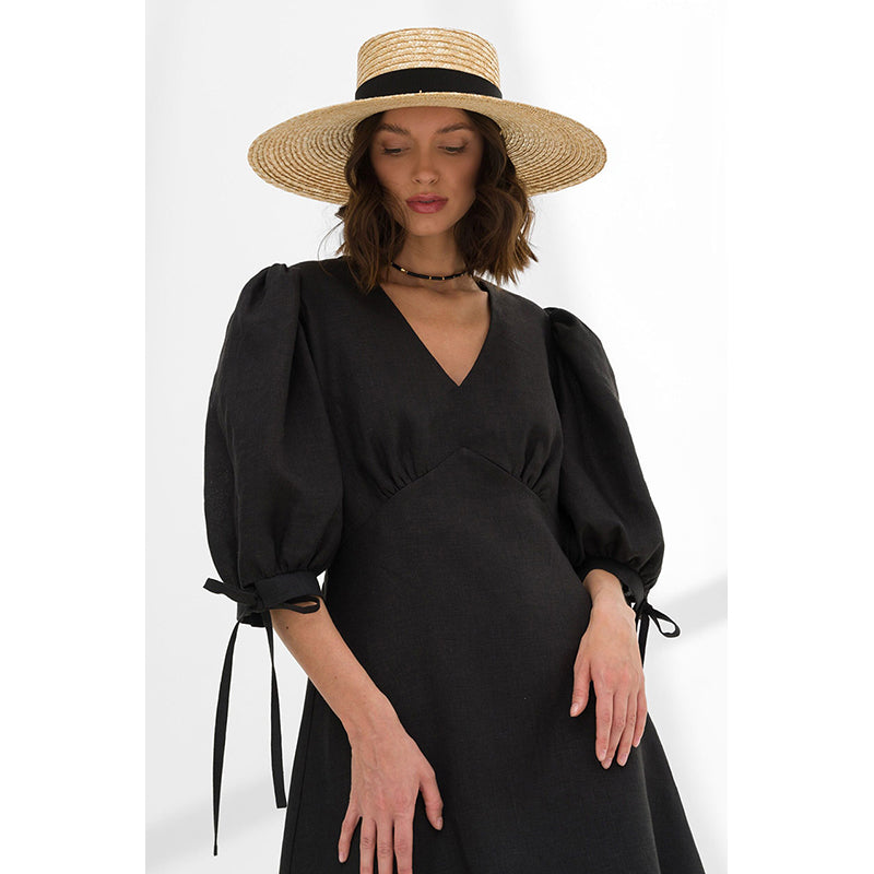 Black V-Neck Cotton A-line Mini Dress