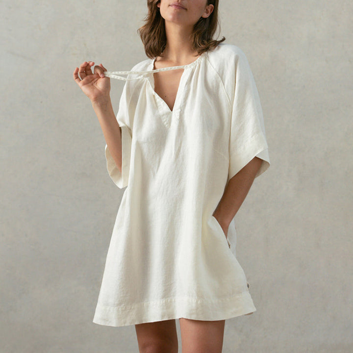 Beige Tie-Up Neck Cotton T-shirt Mini Dress