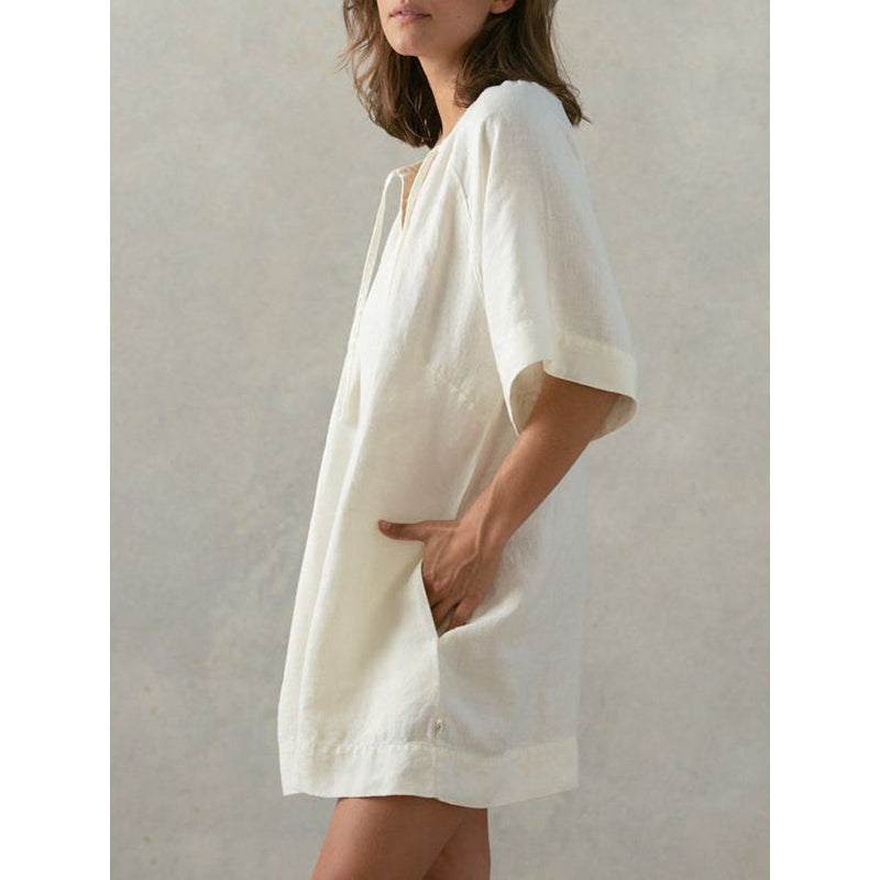 Beige Tie-Up Neck Cotton T-shirt Mini Dress