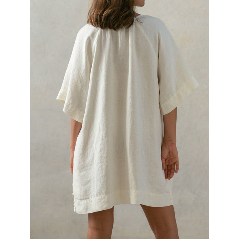 Beige Tie-Up Neck Cotton T-shirt Mini Dress