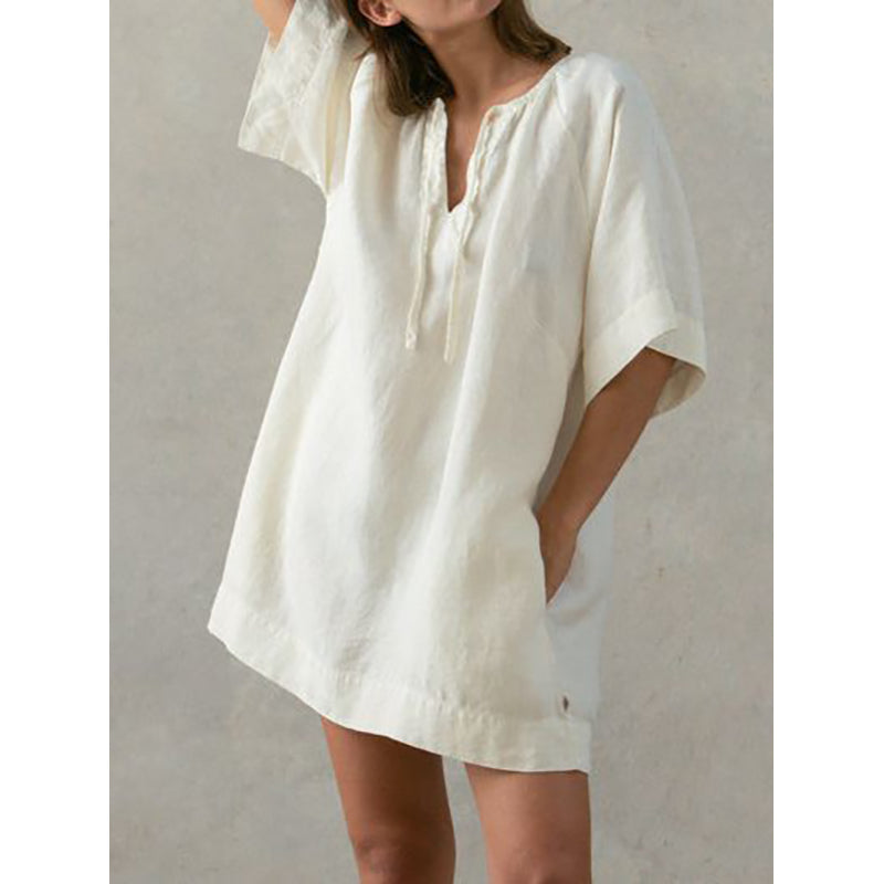 Beige Tie-Up Neck Cotton T-shirt Mini Dress