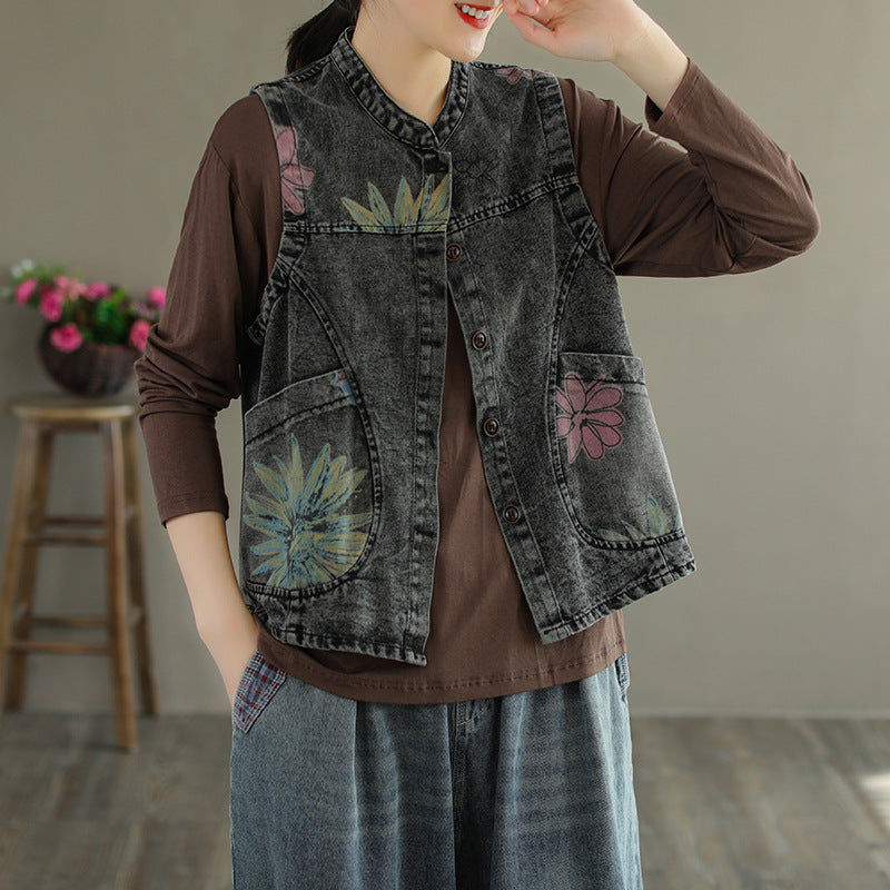 Black Floral Printed Mandarin Collar Open Front Jacket