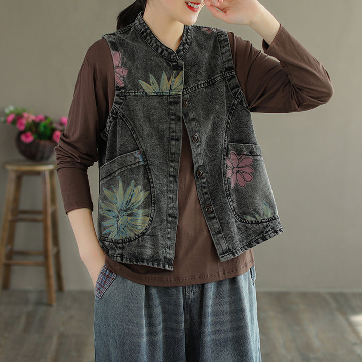 Black Floral Printed Mandarin Collar Open Front Jacket