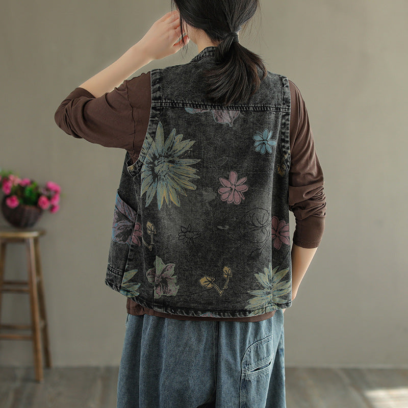 Black Floral Printed Mandarin Collar Open Front Jacket