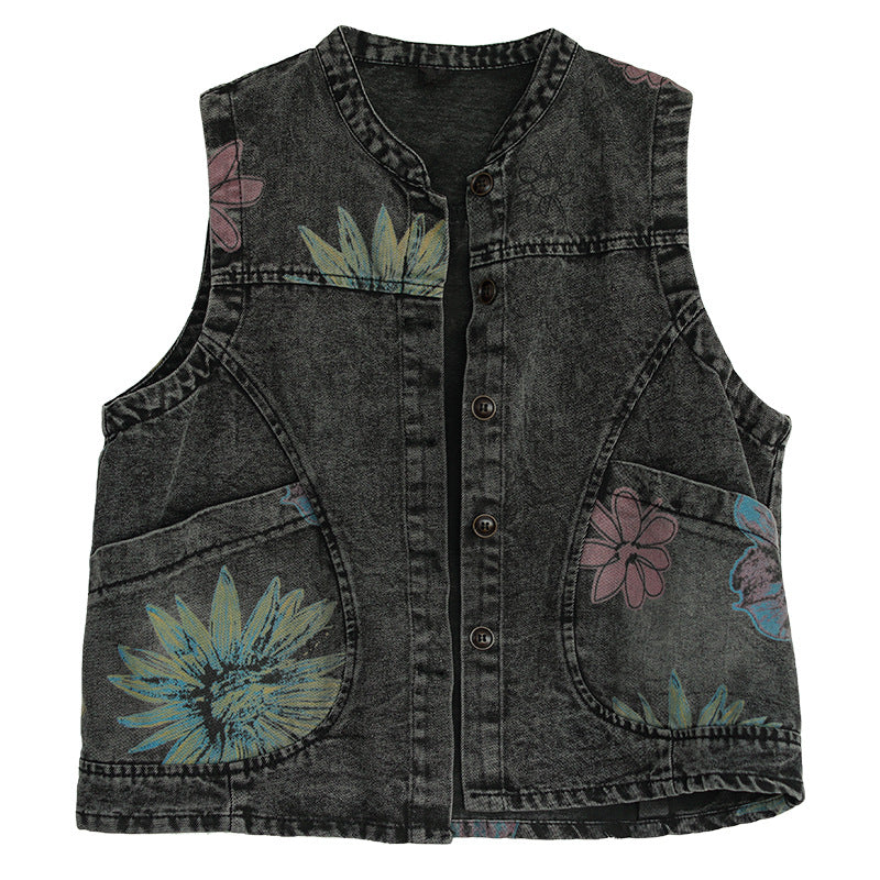 Black Floral Printed Mandarin Collar Open Front Jacket