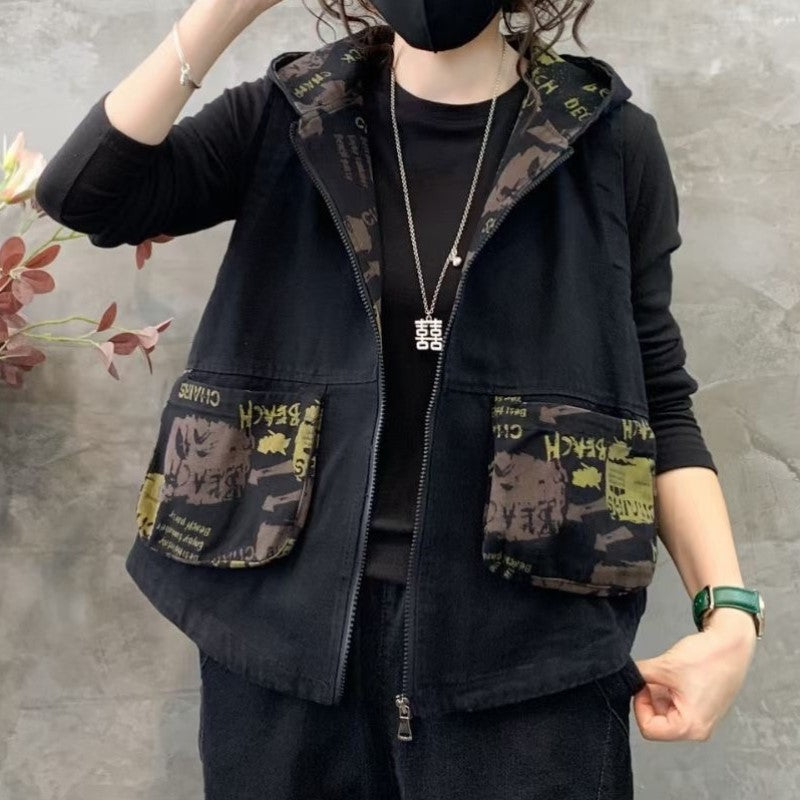 Black Hooded Open Front Jacket