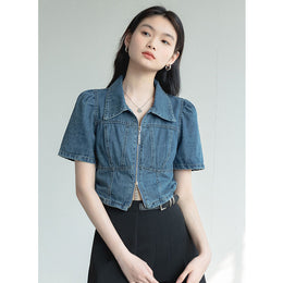 Blue Denim Cotton Crop Shirt
