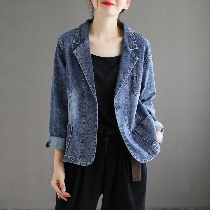 Blue Lapel Collar Cotton Denim Jacket