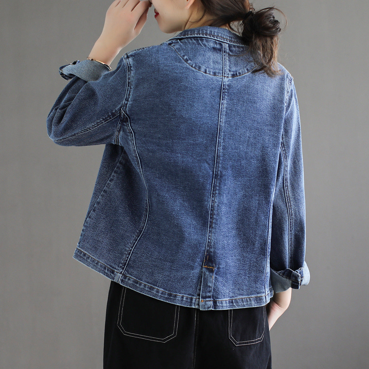 Blue Lapel Collar Cotton Denim Jacket