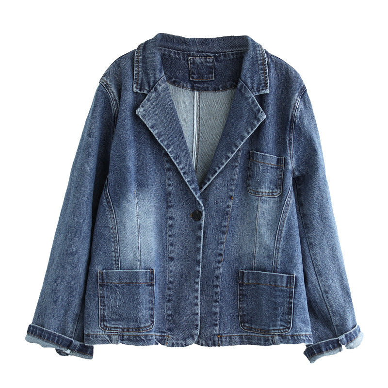 Blue Lapel Collar Cotton Denim Jacket