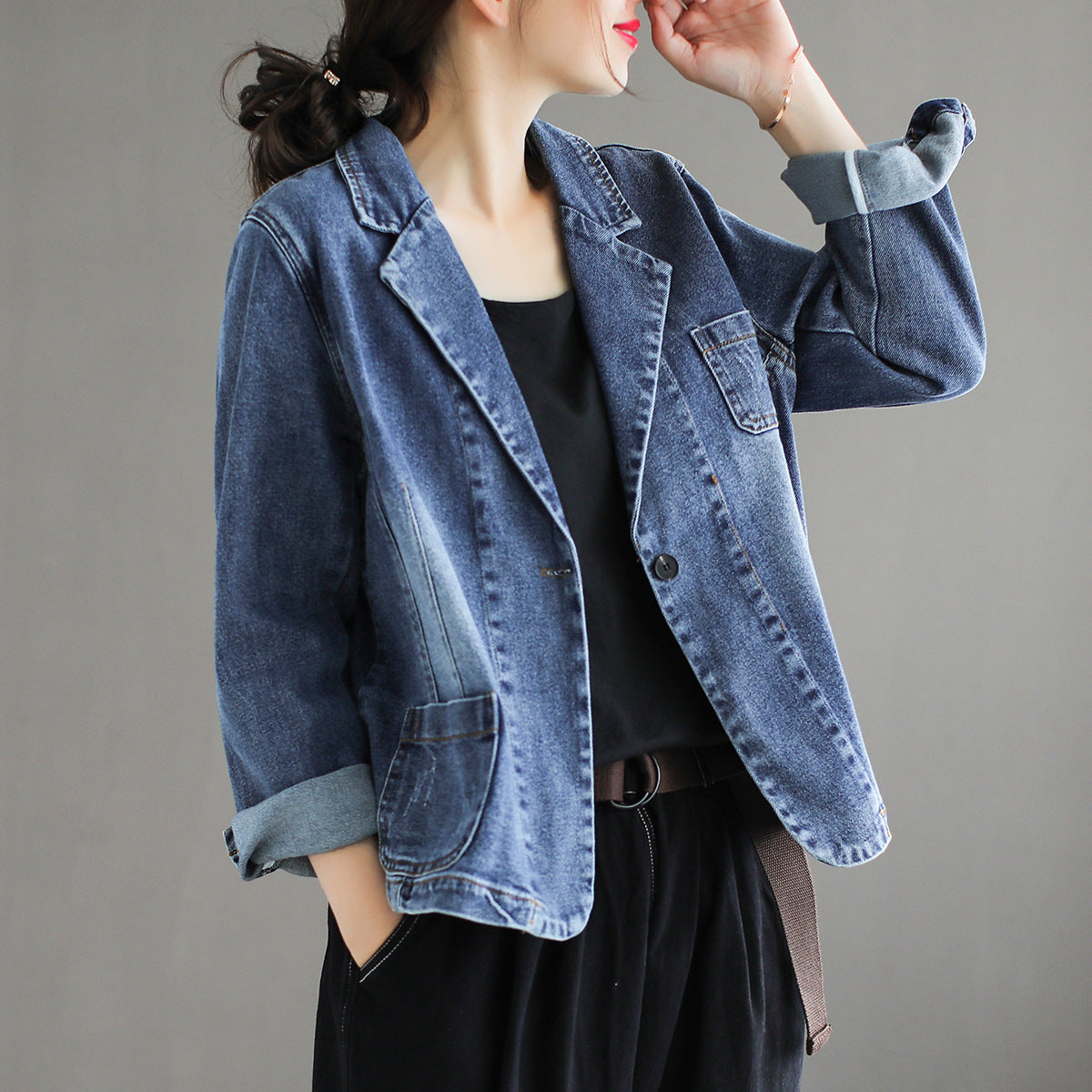 Blue Lapel Collar Cotton Denim Jacket