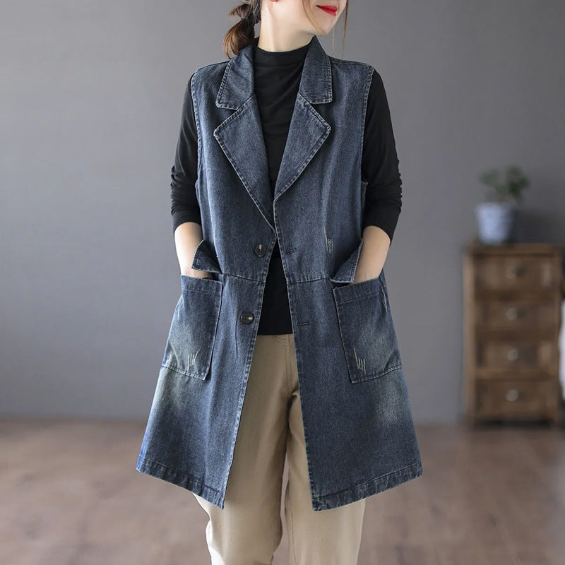 Blue Sleeveless Pure Cotton Overcoat