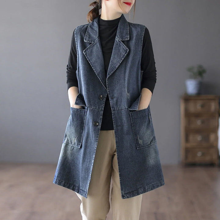 Blue Sleeveless Pure Cotton Overcoat